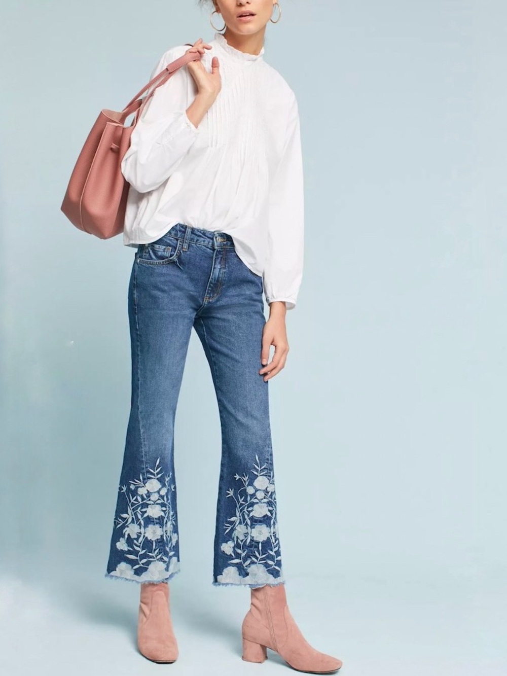 Anthropologie Pilcro Jeans Women 28 Embroidered Hi Rise Flare Cropped Ankle
